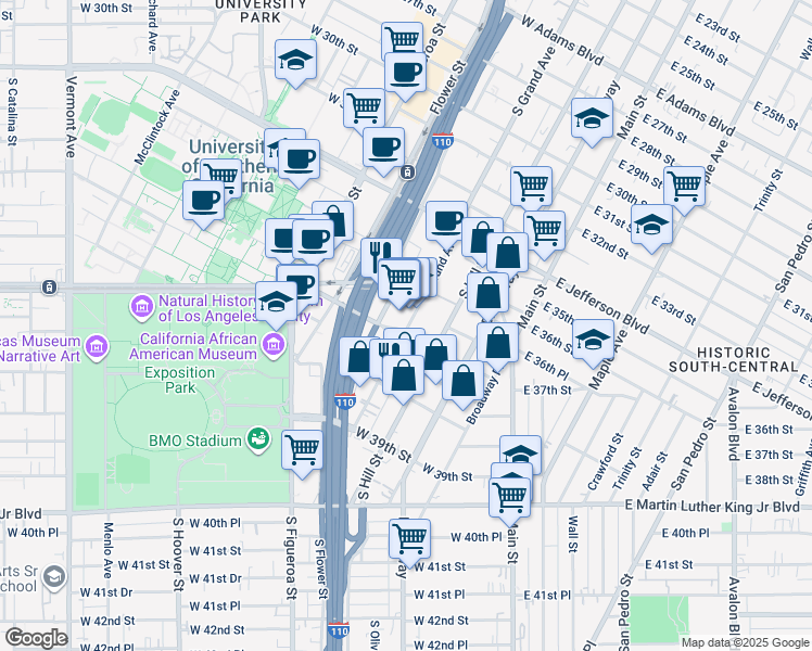 map of restaurants, bars, coffee shops, grocery stores, and more near 3667 3/4 South Grand Avenue in Los Angeles