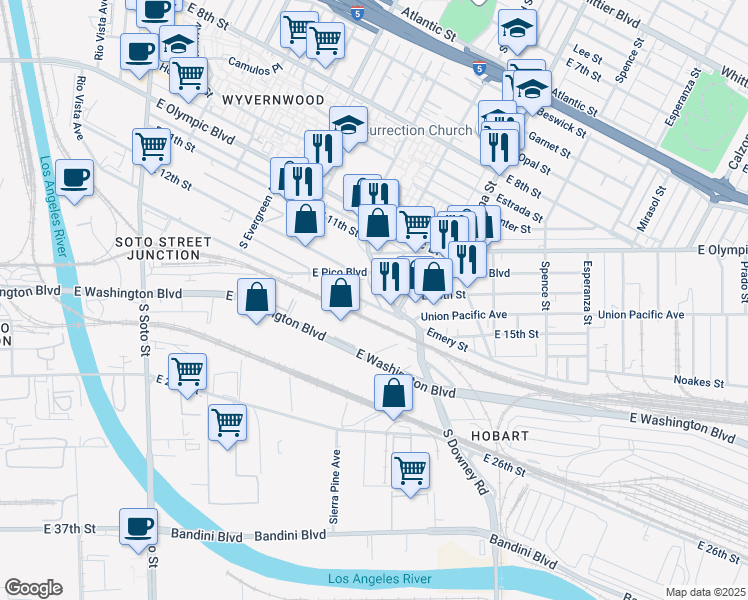 map of restaurants, bars, coffee shops, grocery stores, and more near 3221 Union Pacific Avenue in Los Angeles