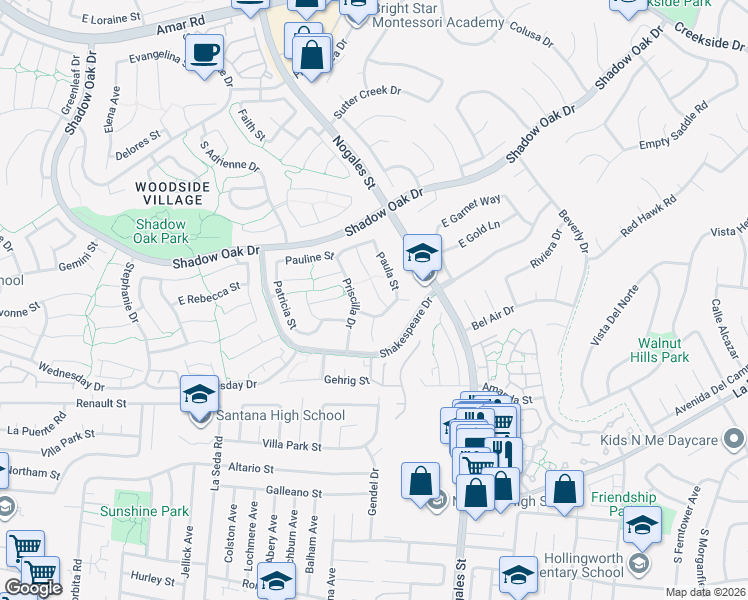 map of restaurants, bars, coffee shops, grocery stores, and more near 3453 Phoebe Court in West Covina