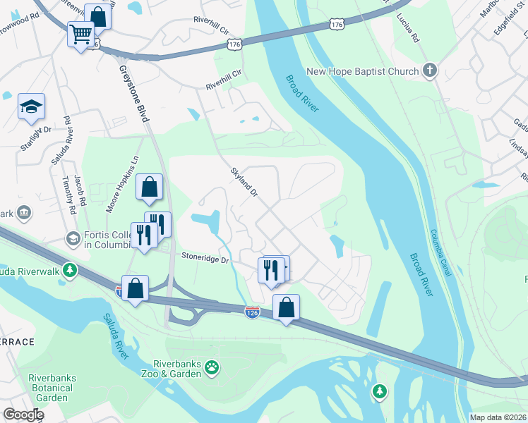 map of restaurants, bars, coffee shops, grocery stores, and more near 601 Skyland Drive in Columbia