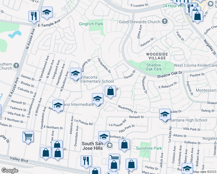 map of restaurants, bars, coffee shops, grocery stores, and more near 3112 Julie Court in West Covina
