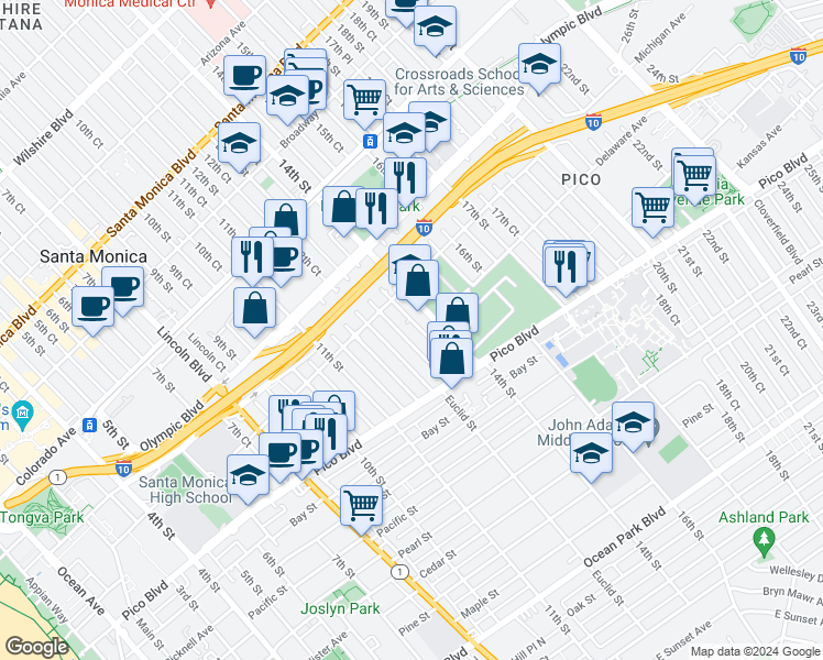 map of restaurants, bars, coffee shops, grocery stores, and more near 1837 Euclid Street in Santa Monica
