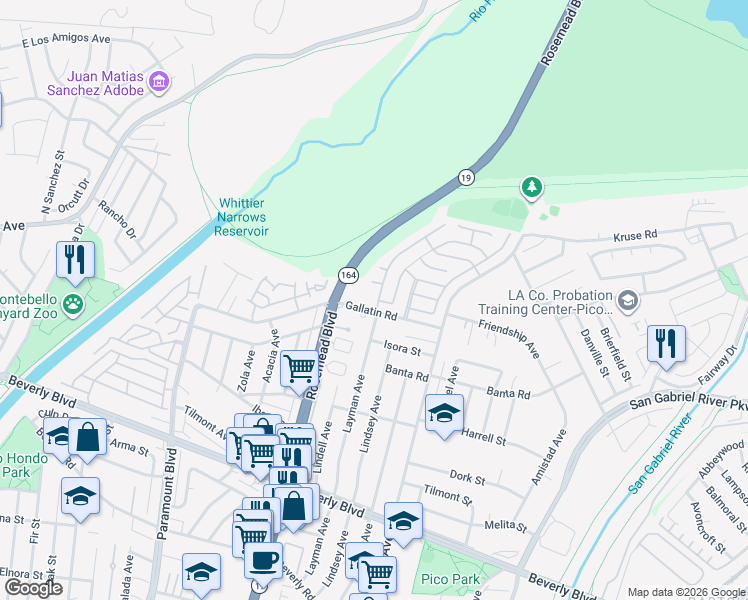 map of restaurants, bars, coffee shops, grocery stores, and more near 3841 Berkshire Road in Pico Rivera