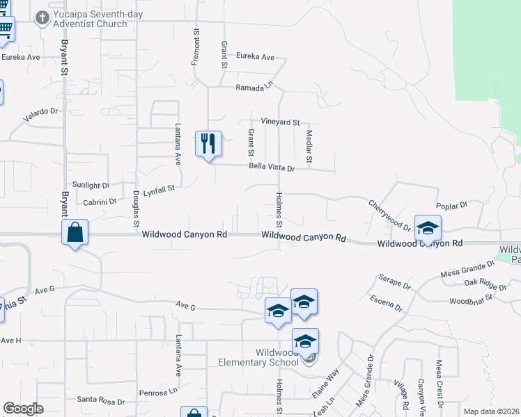 map of restaurants, bars, coffee shops, grocery stores, and more near 13031 Grant Street in Yucaipa