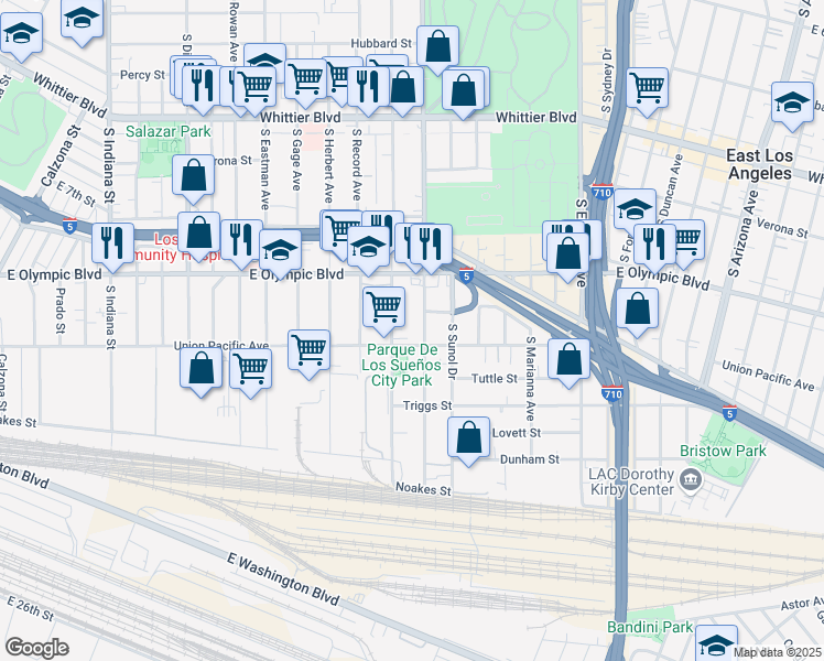 map of restaurants, bars, coffee shops, grocery stores, and more near 1269 South Downey Road in Los Angeles