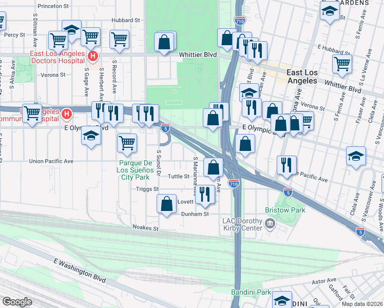 map of restaurants, bars, coffee shops, grocery stores, and more near 1265 South Marianna Avenue in Los Angeles