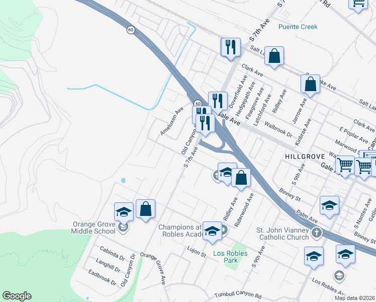 map of restaurants, bars, coffee shops, grocery stores, and more near 1250 Old Canyon Drive in Hacienda Heights