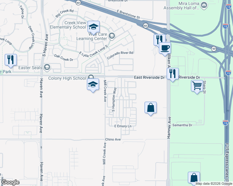 map of restaurants, bars, coffee shops, grocery stores, and more near 3103 South Hampton Way in Ontario