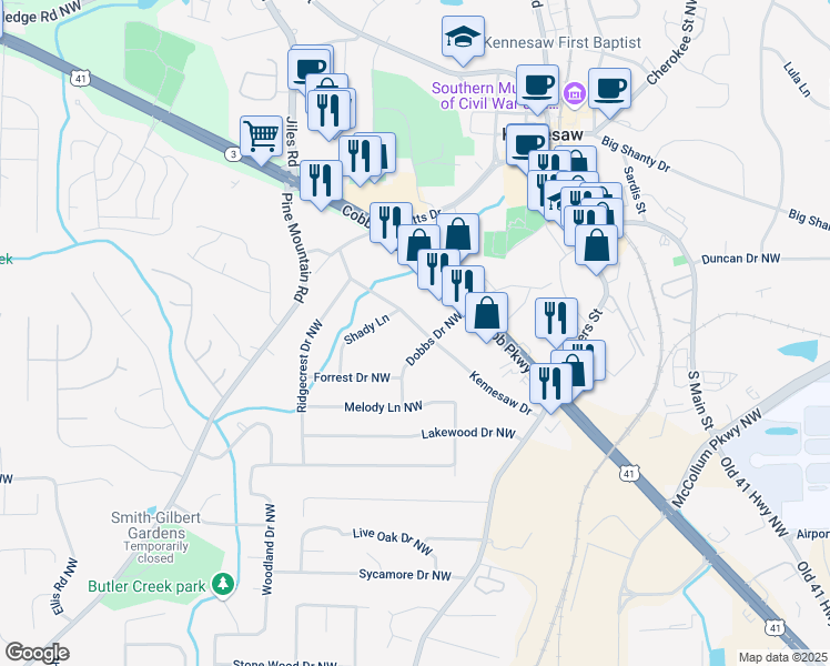 map of restaurants, bars, coffee shops, grocery stores, and more near 3000 Kennesaw Drive in Kennesaw