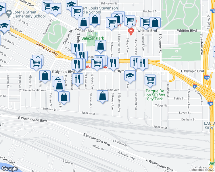 map of restaurants, bars, coffee shops, grocery stores, and more near 1266 South Townsend Avenue in Los Angeles