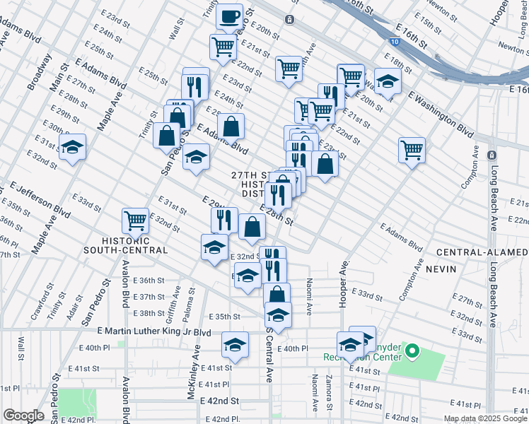map of restaurants, bars, coffee shops, grocery stores, and more near 1018 East 28th Street in Los Angeles