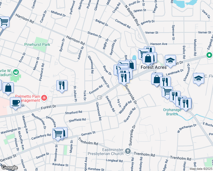 map of restaurants, bars, coffee shops, grocery stores, and more near 3040 Exmoor Road in Columbia