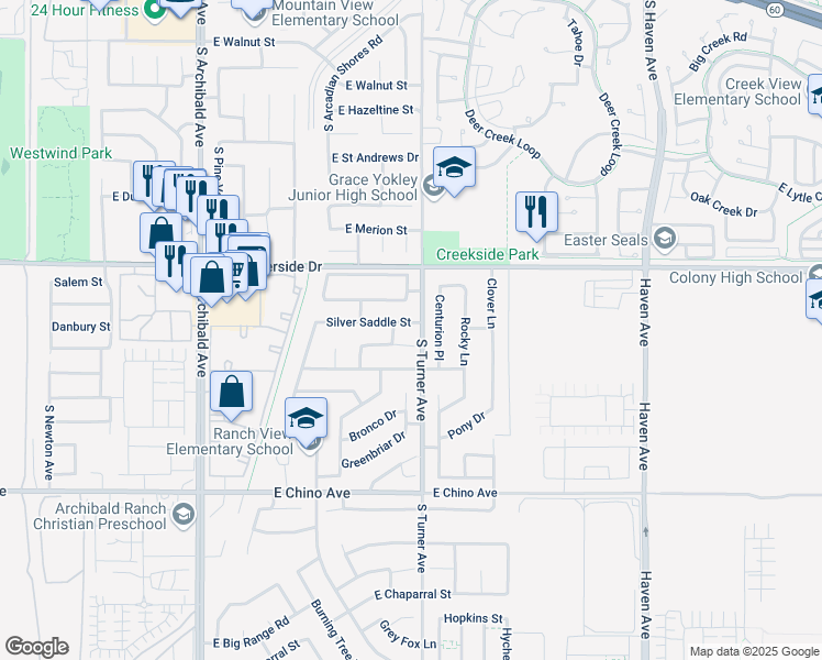 map of restaurants, bars, coffee shops, grocery stores, and more near 2966 Silver Saddle Street in Ontario