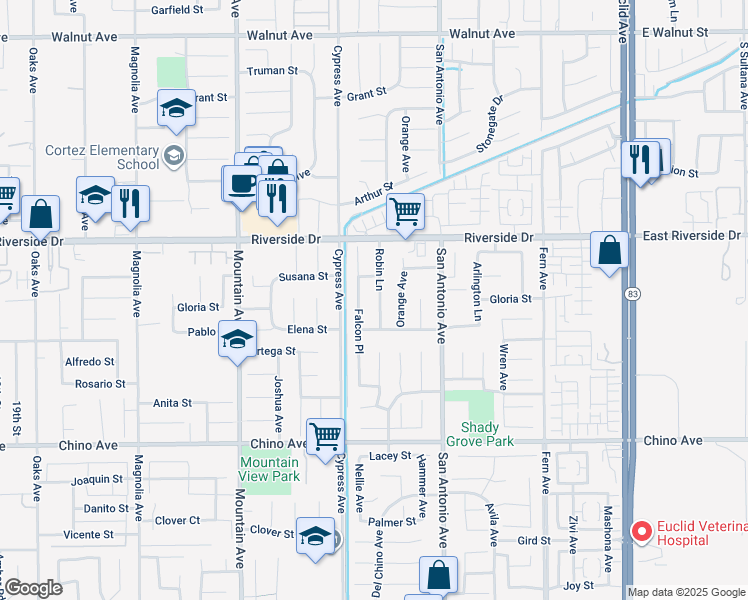 map of restaurants, bars, coffee shops, grocery stores, and more near 13026 Robin Lane in Chino