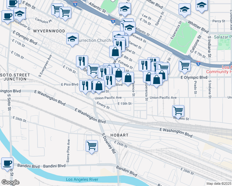 map of restaurants, bars, coffee shops, grocery stores, and more near 3450 East 14th Street in Los Angeles