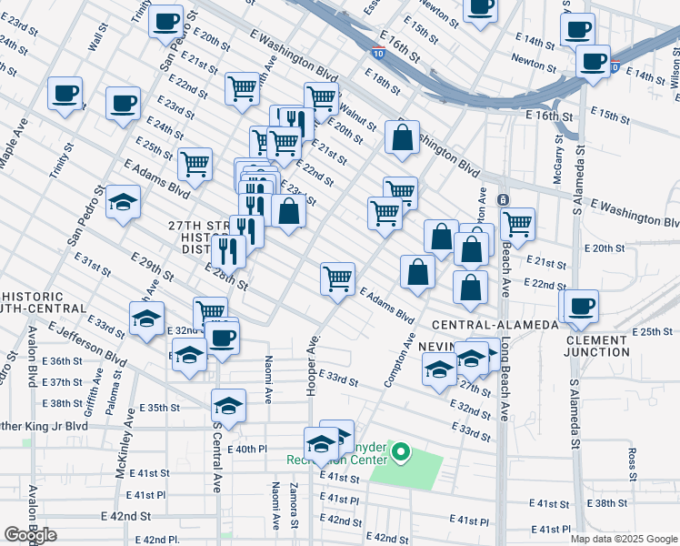 map of restaurants, bars, coffee shops, grocery stores, and more near 1253 East Adams Boulevard in Los Angeles