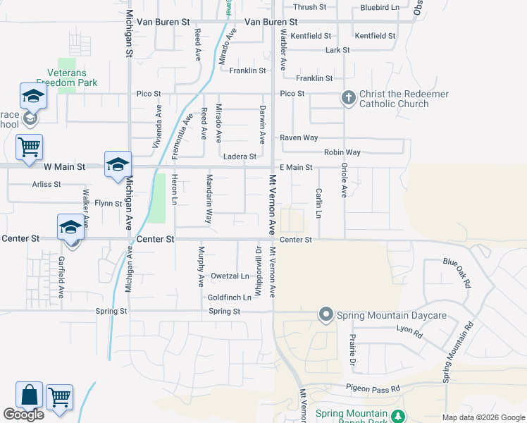 map of restaurants, bars, coffee shops, grocery stores, and more near 269 Chickadee Circle in Riverside