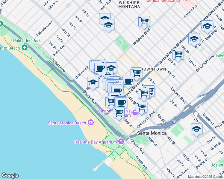 map of restaurants, bars, coffee shops, grocery stores, and more near 302 Arizona Avenue in Santa Monica