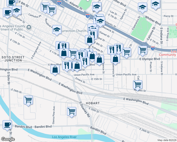 map of restaurants, bars, coffee shops, grocery stores, and more near 3432 East 14th Street in Los Angeles