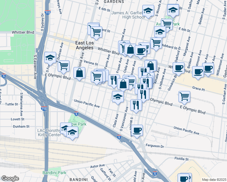 map of restaurants, bars, coffee shops, grocery stores, and more near 1210 Fraser Avenue in East Los Angeles