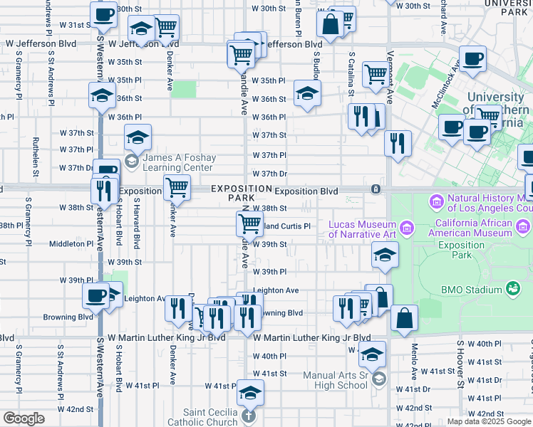 map of restaurants, bars, coffee shops, grocery stores, and more near 1250 West 38th Street in Los Angeles