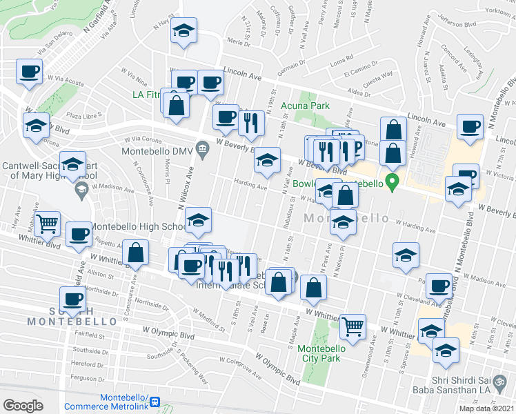 map of restaurants, bars, coffee shops, grocery stores, and more near 321 North 18th Street in Montebello