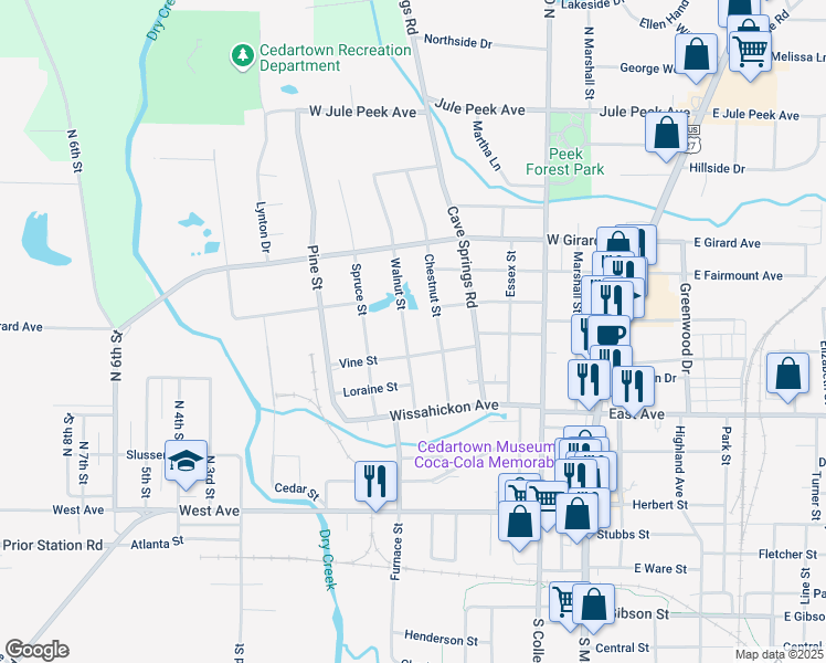 map of restaurants, bars, coffee shops, grocery stores, and more near 214 Walnut Street in Cedartown