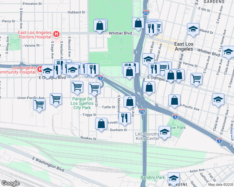 map of restaurants, bars, coffee shops, grocery stores, and more near 1265 South Marianna Avenue in Los Angeles