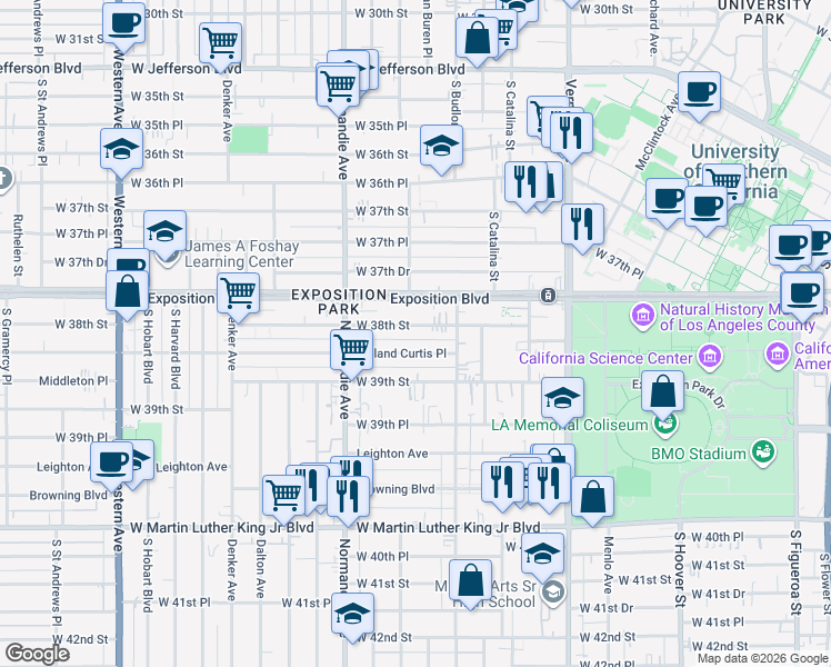 map of restaurants, bars, coffee shops, grocery stores, and more near 1200 West 38th Street in Los Angeles