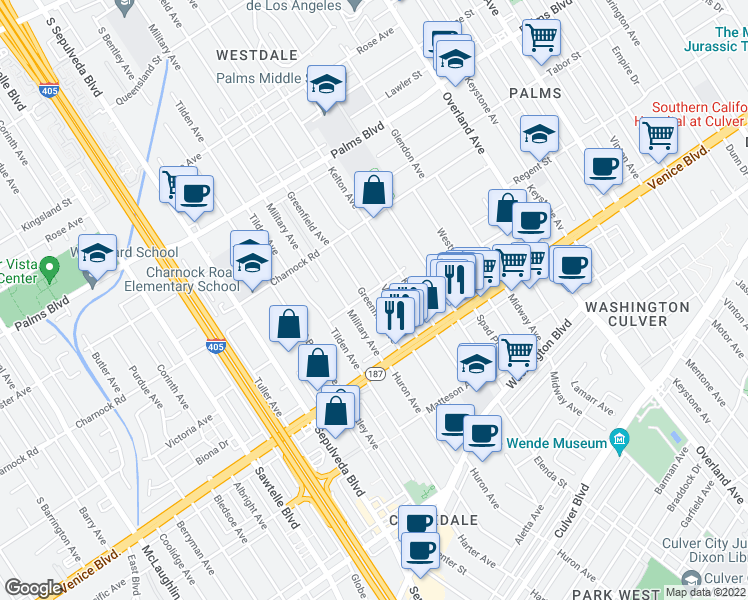 map of restaurants, bars, coffee shops, grocery stores, and more near 3708 Greenfield Avenue in Los Angeles