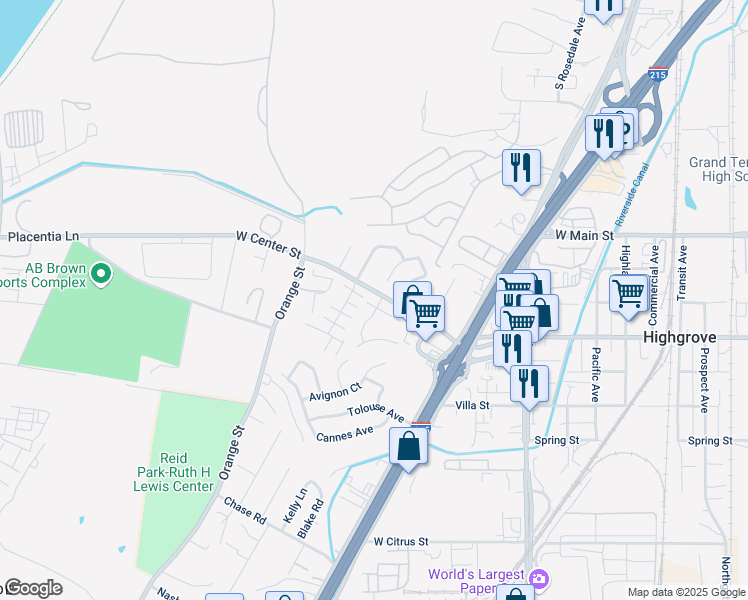 map of restaurants, bars, coffee shops, grocery stores, and more near 3355 Debbie Lane in Riverside