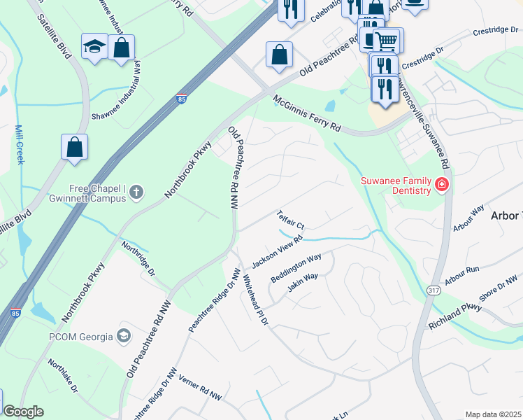 map of restaurants, bars, coffee shops, grocery stores, and more near 717 Jackson Park Lane Northwest in Suwanee