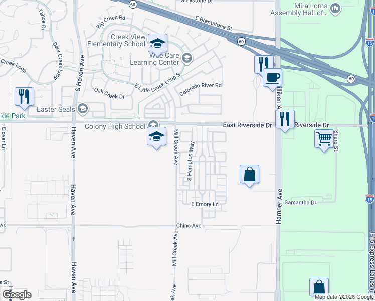 map of restaurants, bars, coffee shops, grocery stores, and more near 3979 East Tulane Way in Ontario