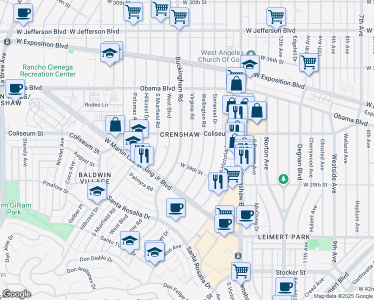 map of restaurants, bars, coffee shops, grocery stores, and more near 3637 Virginia Road in Los Angeles