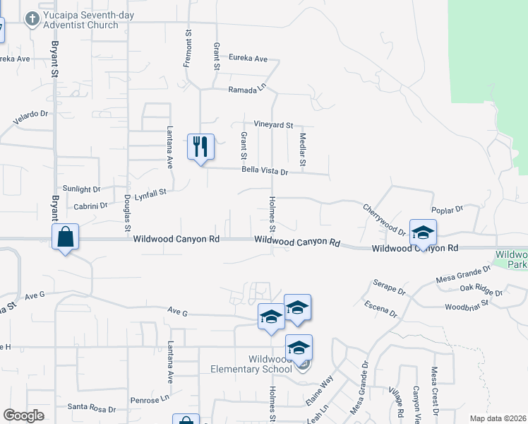 map of restaurants, bars, coffee shops, grocery stores, and more near 13031 Grant Street in Yucaipa