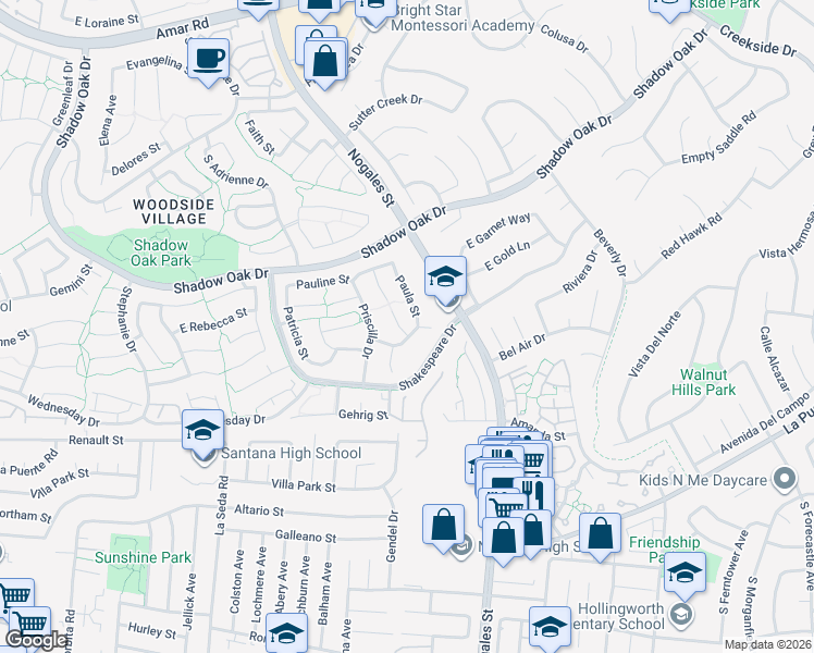 map of restaurants, bars, coffee shops, grocery stores, and more near 3453 Phoebe Court in West Covina
