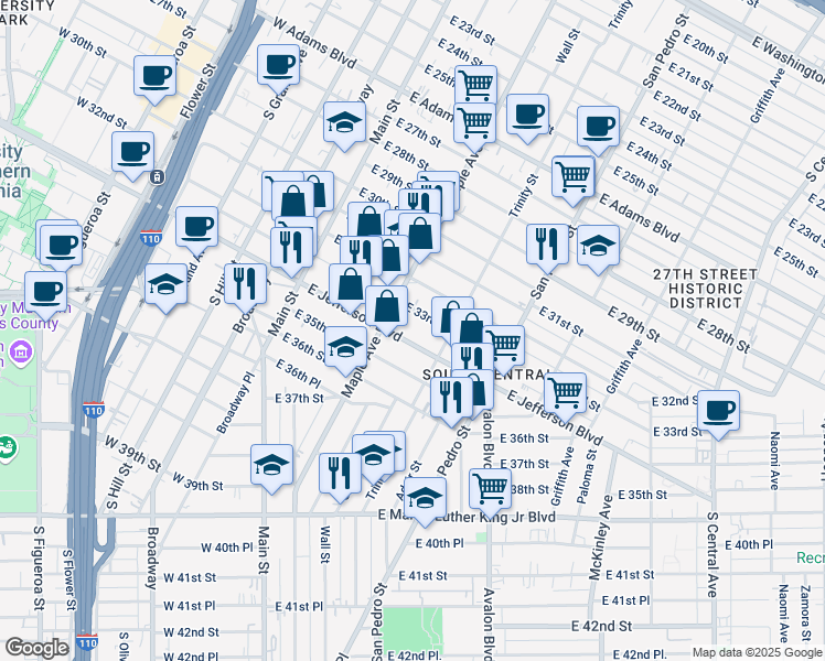 map of restaurants, bars, coffee shops, grocery stores, and more near 312 East Jefferson Boulevard in Los Angeles