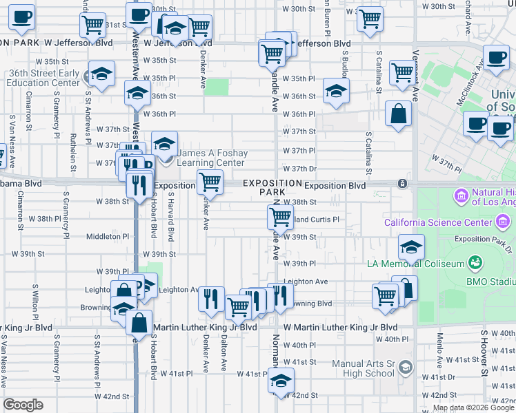 map of restaurants, bars, coffee shops, grocery stores, and more near 1358 West 38th Street in Los Angeles