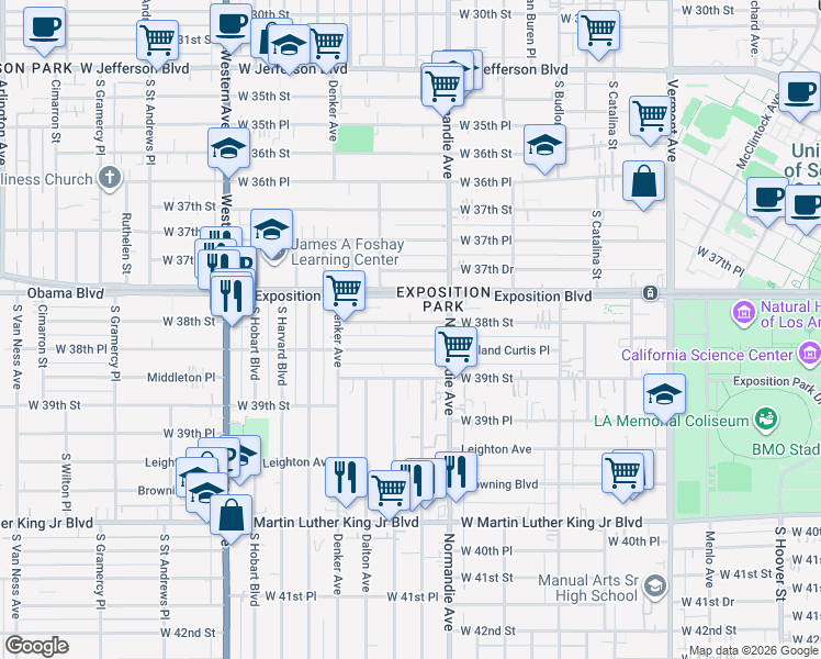 map of restaurants, bars, coffee shops, grocery stores, and more near 1358 West 38th Street in Los Angeles