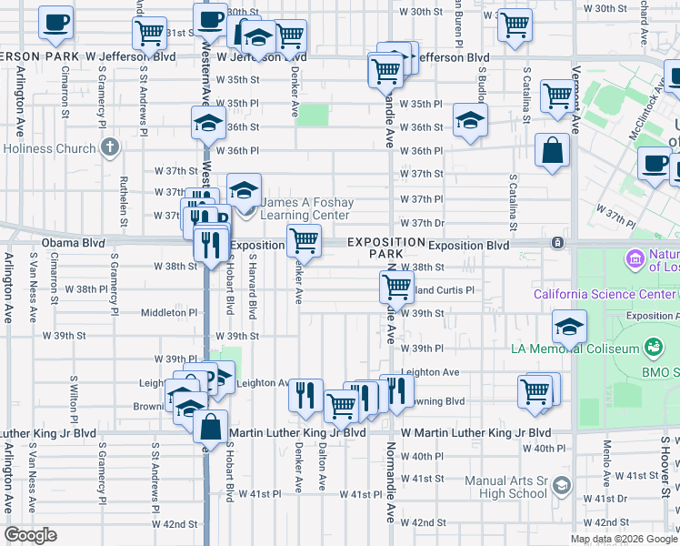 map of restaurants, bars, coffee shops, grocery stores, and more near 1358 West 38th Street in Los Angeles