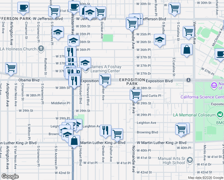 map of restaurants, bars, coffee shops, grocery stores, and more near 1408 West 38th Street in Los Angeles
