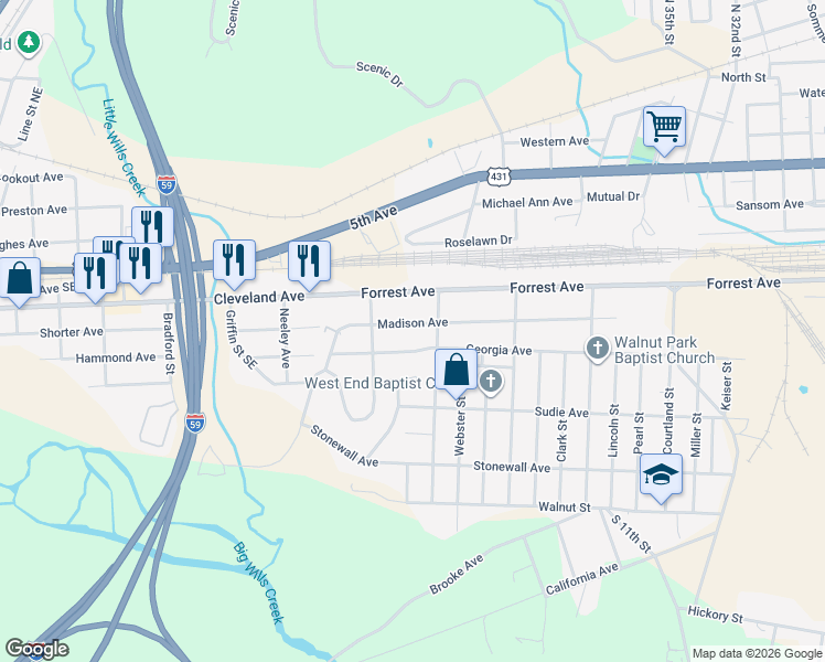 map of restaurants, bars, coffee shops, grocery stores, and more near 3504 Madison Avenue in Gadsden