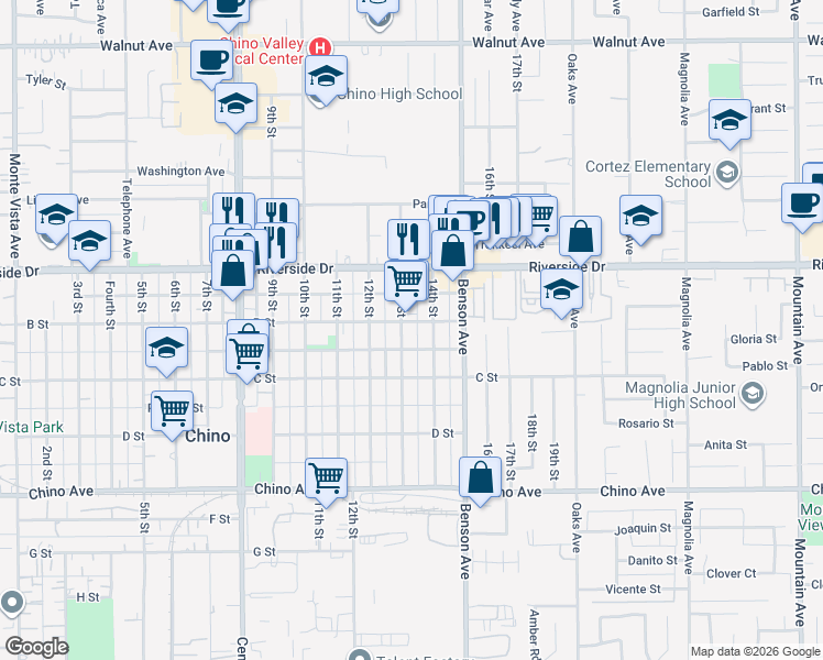 map of restaurants, bars, coffee shops, grocery stores, and more near 13009 13th Street in Chino