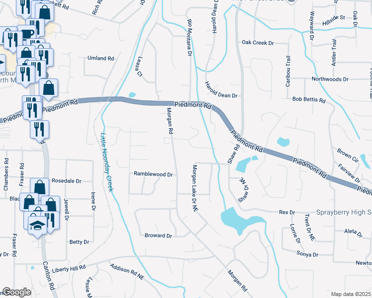 map of restaurants, bars, coffee shops, grocery stores, and more near 1276 Morgan Chase Terrace Northeast in Marietta