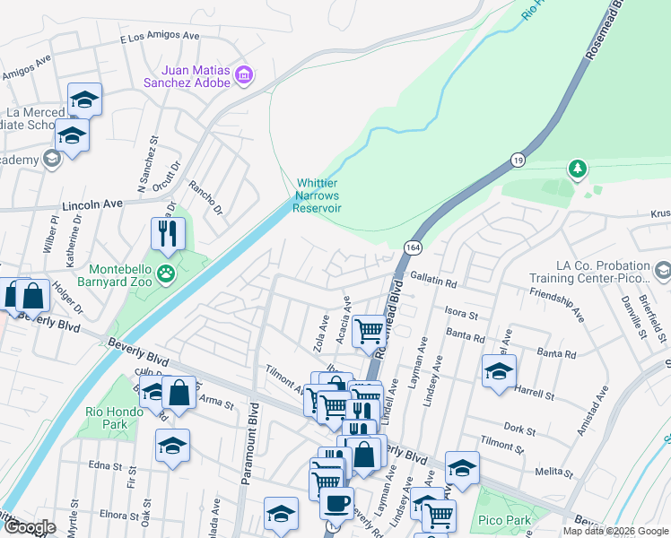 map of restaurants, bars, coffee shops, grocery stores, and more near 8939 Gallatin Road in Pico Rivera