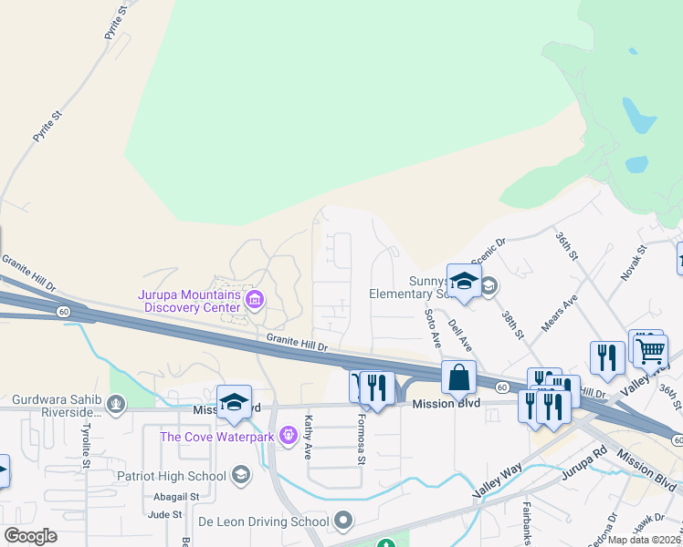 map of restaurants, bars, coffee shops, grocery stores, and more near 3954 Boulder Drive in Jurupa Valley