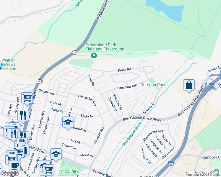 map of restaurants, bars, coffee shops, grocery stores, and more near 3613 Sandoval Avenue in Pico Rivera