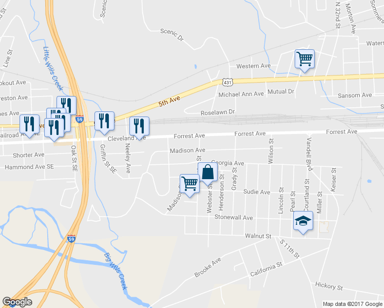 map of restaurants, bars, coffee shops, grocery stores, and more near 3504 Madison Avenue in Gadsden