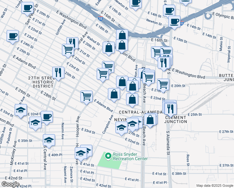 map of restaurants, bars, coffee shops, grocery stores, and more near 1579 East 23rd Street in Los Angeles