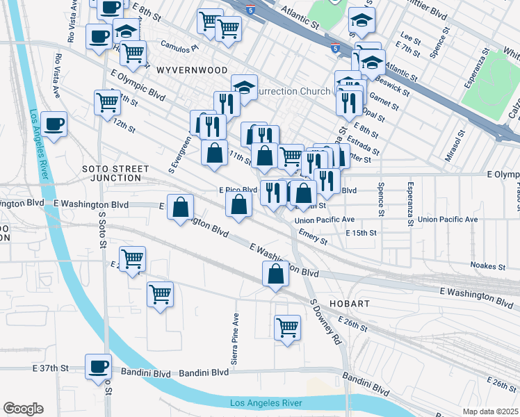 map of restaurants, bars, coffee shops, grocery stores, and more near 3217 Union Pacific Avenue in Los Angeles